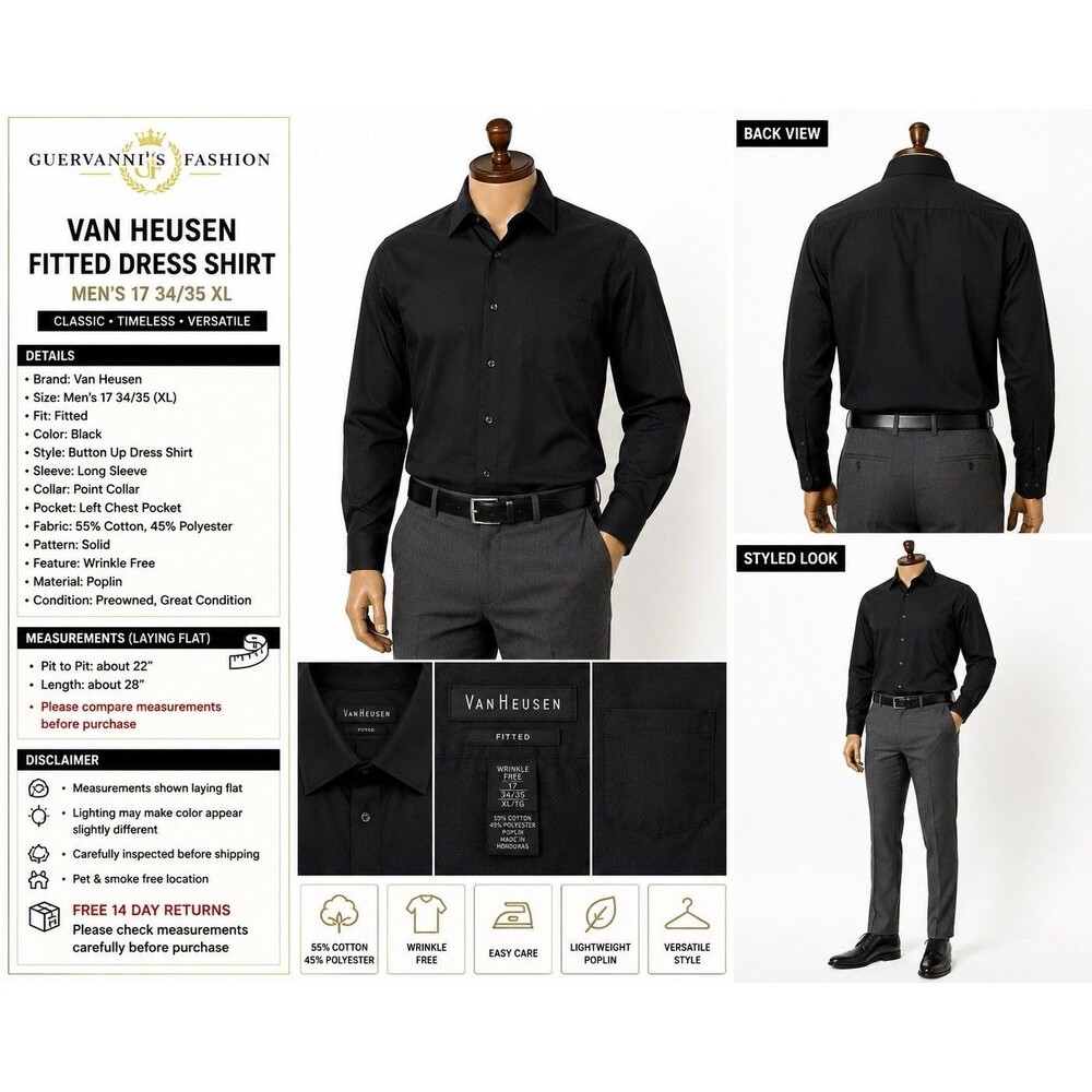 Men’s Van HausenBlack  Button Up Long Sleeve Dress Shirt Size 17 34-35 XL